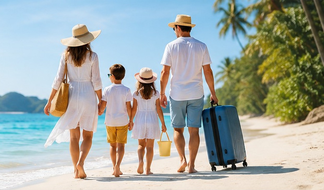 Familie aflată în vacanță pe o plajă