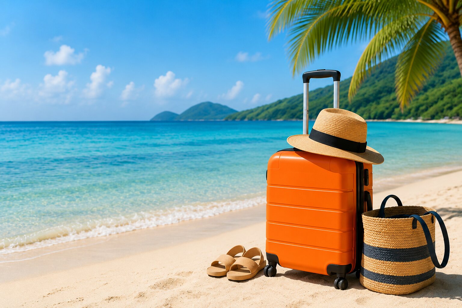 Bagaj pregătit pentru vacanță pe o plajă
